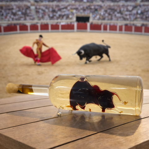 Hengeres fektethető díszüveges palack benne bika (0,5L)