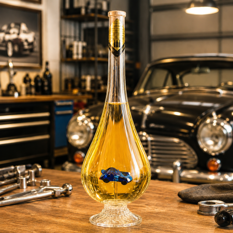 Húzott nyakú talpas csepp formájú palack, benne Porsche autó (0,5L )