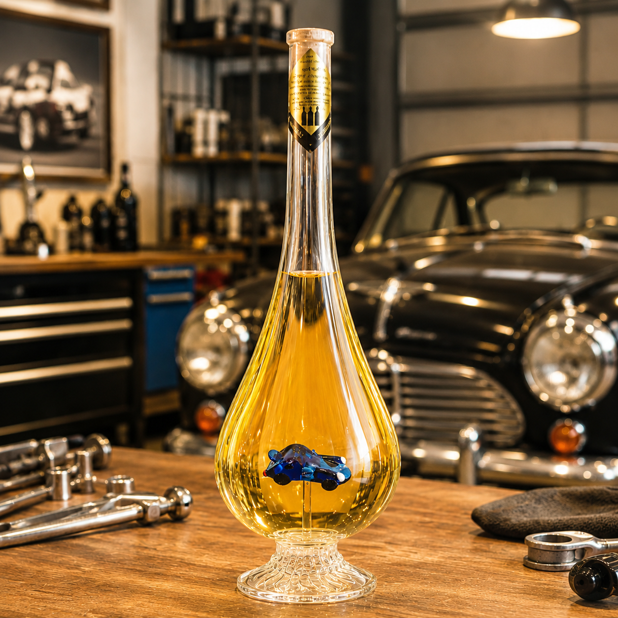 Húzott nyakú talpas csepp formájú palack, benne Porsche autó (0,5L )